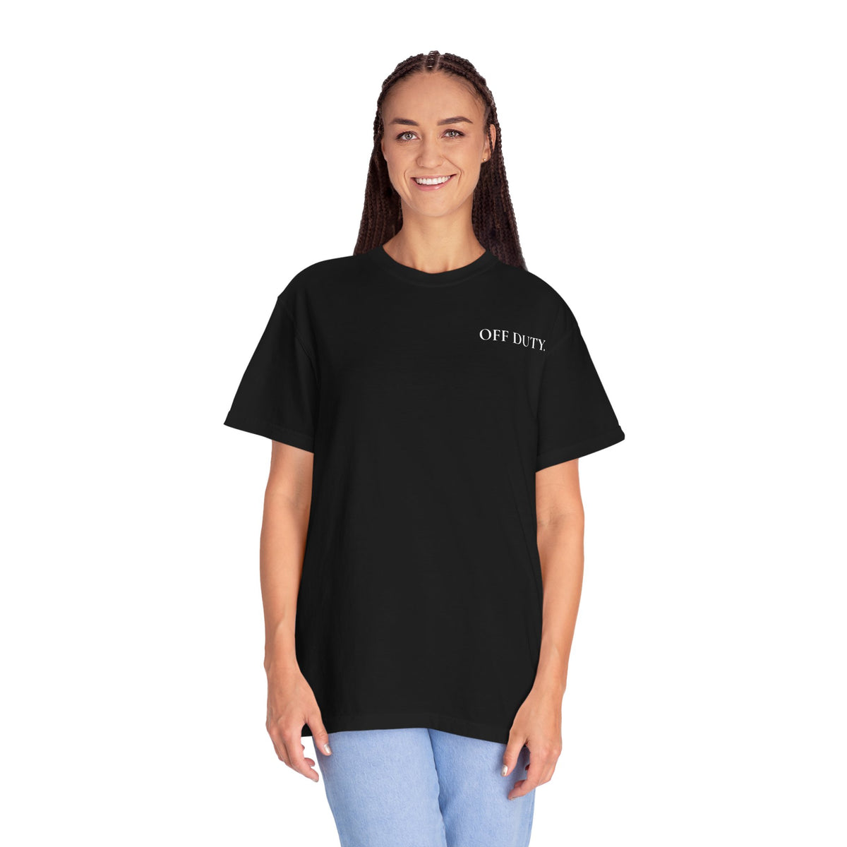 Damen T-Shirt „OFF DUTY“ – Minimalistisches „Out of Office“ Büro-Flucht Shirt